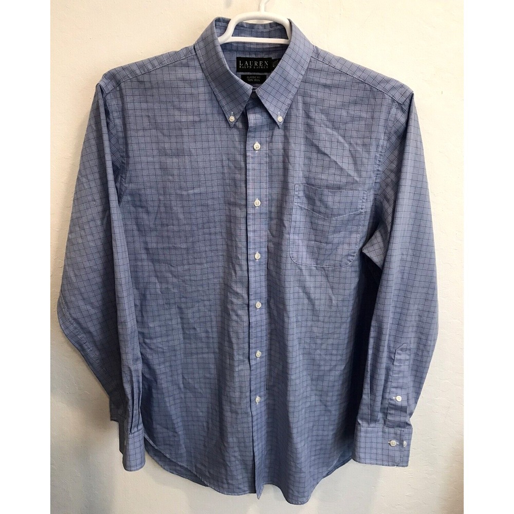 Lauren Ralph Lauren Mens Blue Micro Check Non Iron Shirt Classic Fit 16.5 34/35